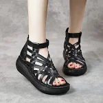 Sandalias de cuña retro étnicas para mujer, cómodas y casuales. Botines con tacón de bolso y boca de pez en piel de vaca. ¡Estilo único! — foto 8