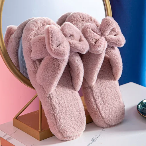 Title 6, Bowknot Plush Slippers, soft cotton slippers fo...