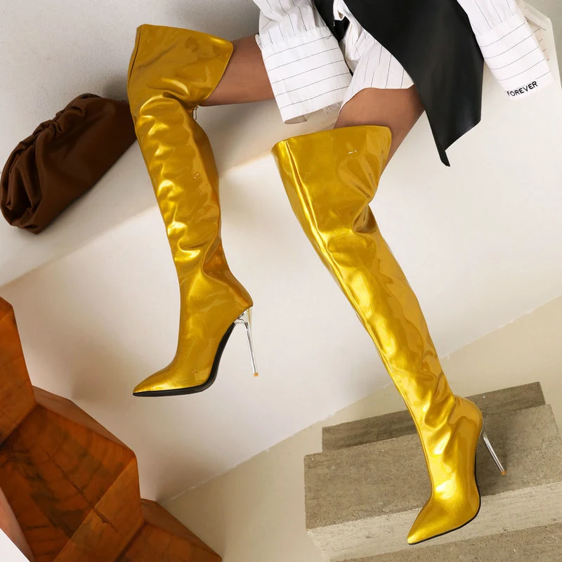 Women's Gold Bright Leather Pointed Toe Stiletto Heel Over-the-knee Boots. Plus Size available. Perfect for a glamorous — photo 21