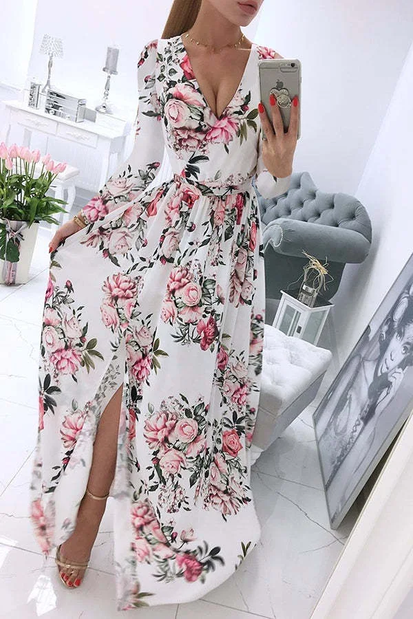 Title 7, Summer Long-sleeve V-neck Chiffon Printed Bohem...