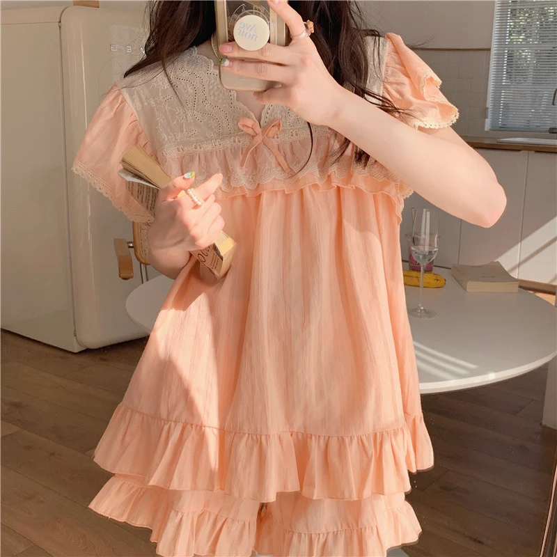 Sommerliches Pyjama-Set im Palast-Stil für Damen, Spitze Jacquard, Baumwolle, locker, bequem, mit Lotusblatt-Design, süß und neu. — foto 7