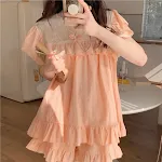 Sommerliches Pyjama-Set im Palast-Stil für Damen, Spitze Jacquard, Baumwolle, locker, bequem, mit Lotusblatt-Design, süß und neu. — foto 7