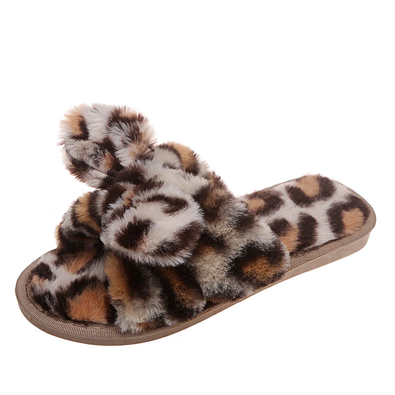 Title 5, Womens Open-toed Leopard Print Fur Slippers, u...