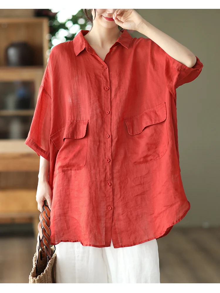 Title 19, Retro Ramie Shirt Mid-length Elegant Top