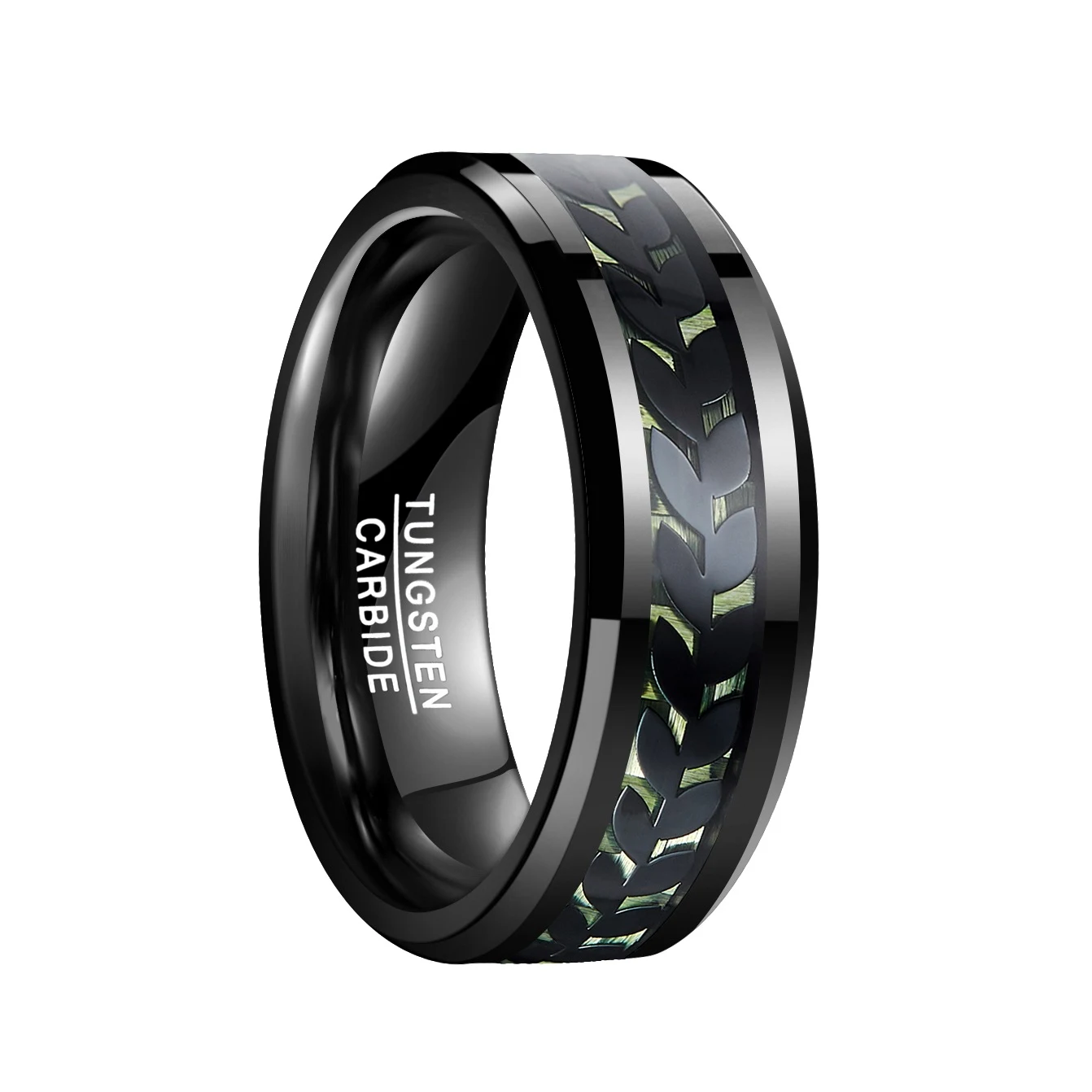 Anel de tungstênio masculino com fibra de carbono verde e folhas incrustadas, 8mm de largura – moderno e resistente. — foto 7