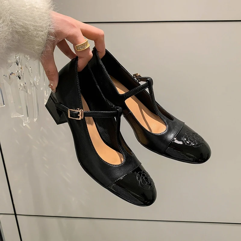 Women's Round Toe Mary Jane Shoes with Camellia Chunky Heel Pumps. Shallow mouth design offers comfort and style for eve — photo 2
