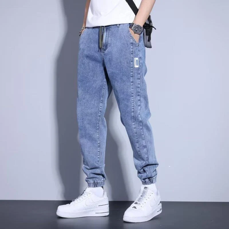 Youth Casual Harem Drawstring Elastic Waist Beam Foot Men's Jeans offer comfort and style. Perfect for everyday wear, th — photo 1