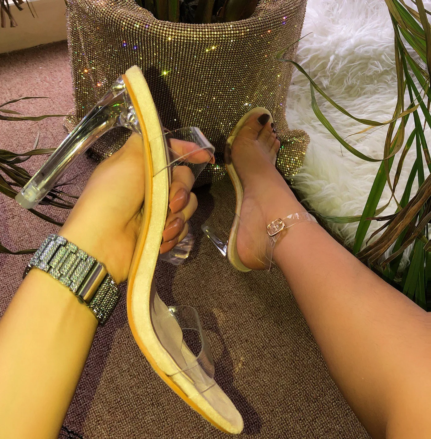 Title 1, All-match transparent high heels thick heel san...