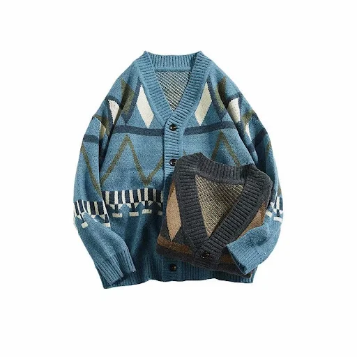 Title 3, Suéter cardigan masculino com decote em V estil...