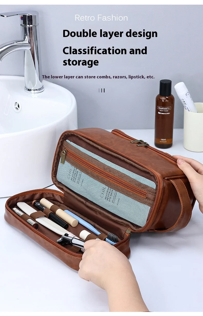 Title 2, Leather Cosmetics Storage Bag Travel Toiletry B...