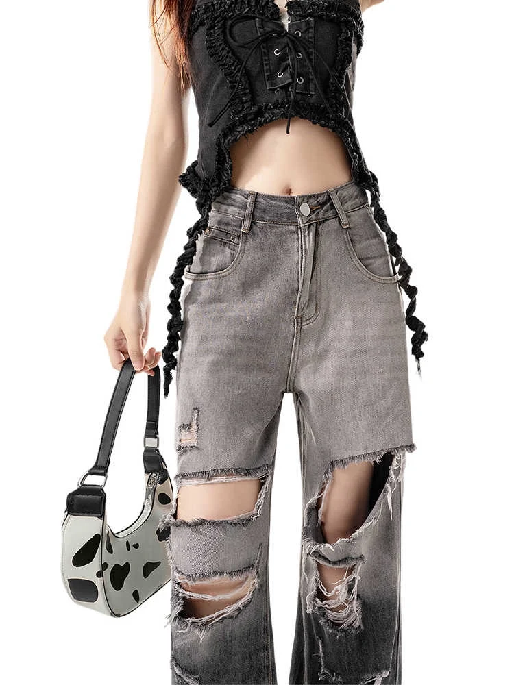 Zwarte ripped wide-leg jeans met verloop voor dames, hoge taille, losse rechte broek. Een stijlvolle en comfortabele keuze. — foto 2