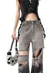 Zwarte ripped wide-leg jeans met verloop voor dames, hoge taille, losse rechte broek. Een stijlvolle en comfortabele keuze. — foto 2