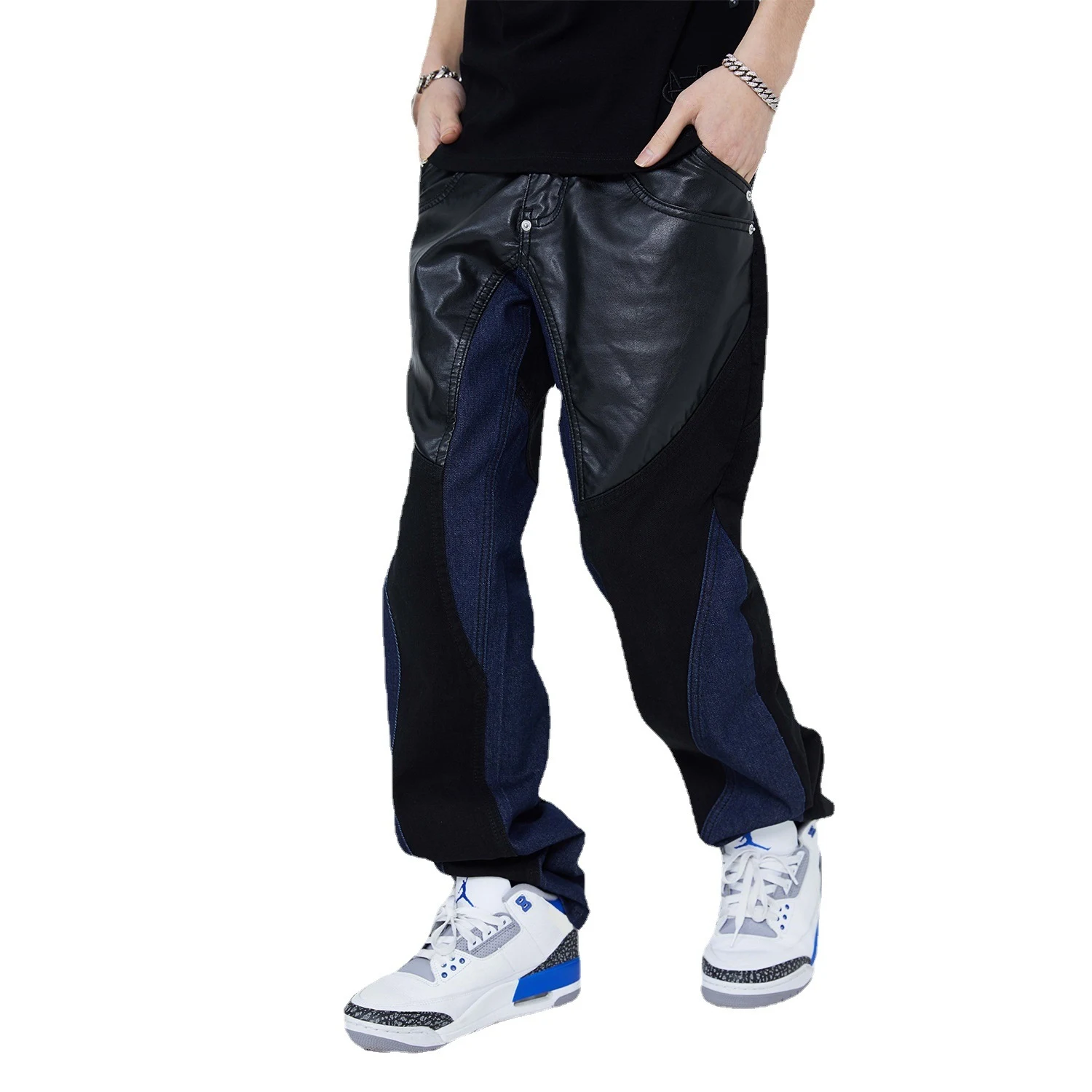 Leather Matching PU Jeans High Street Straight Tube Stacked Casual Pants for a Comfortable Everyday Look — photo 2