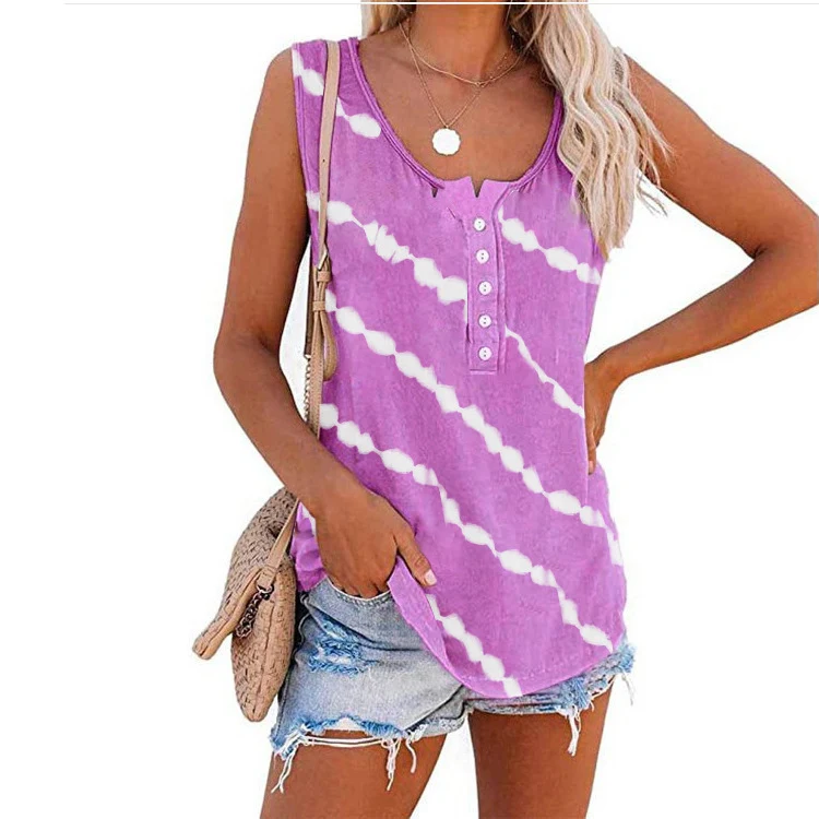 Camiseta feminina casual com gola redonda e listra diagonal e botão sem mangas — foto 4