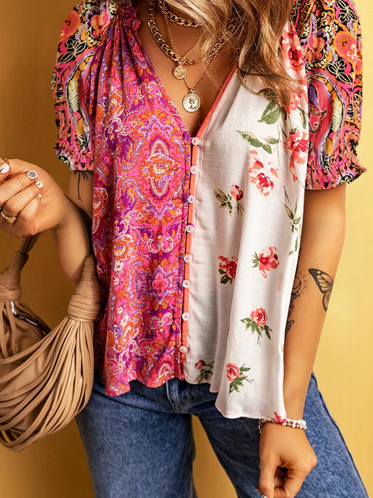 Title 6, Fashion Floral Printed V-neck Single-breasted S...