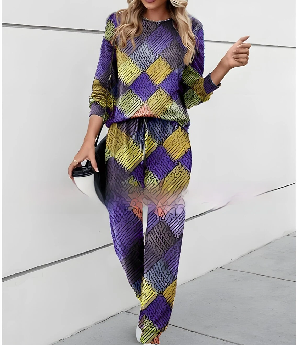 Title 2, Conjunto casual de top com gola redonda e estam...