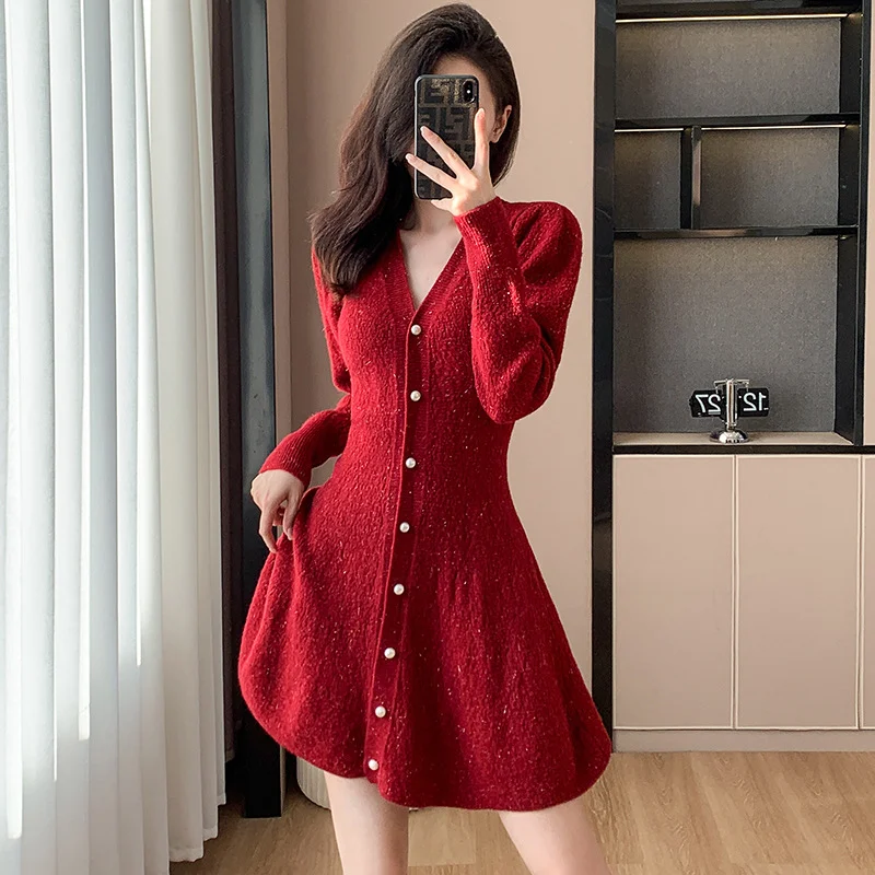 Vestido casual de Ano Novo e Natal, com cintura marcada, ideal para um visual elegante e charmoso nas festas de fim de ano. — foto 7