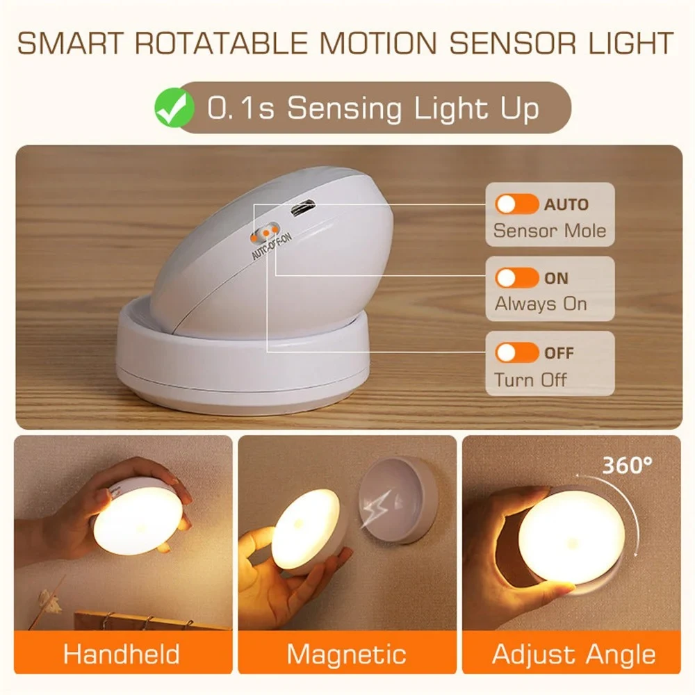 360 Rotating Human Body Induction LED Small Night Lamp Rechargeable, Automatic Lighting for Bedroom, Safe and Energy-Sav — photo 11