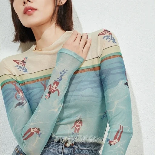 Title 1, Hollow Thin See-through Long-sleeved T-shirt Su...