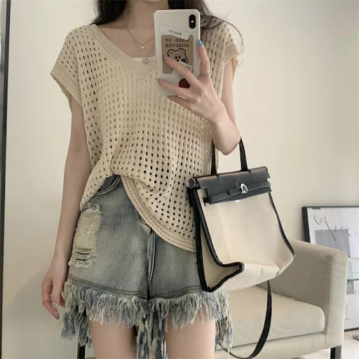 Title 5, Blouse Hollow Out V-neck Knitwear Short Sleeve ...