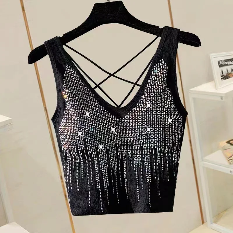 Vertical Waterfall Hot Drilling Shiny Design Back Cross Short Strap Tube Top for a chic and trendy look, perfect for war — photo 15