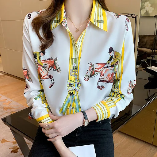 Title 5, Womens Long Sleeve Lapel Print Shirt, a stylis...