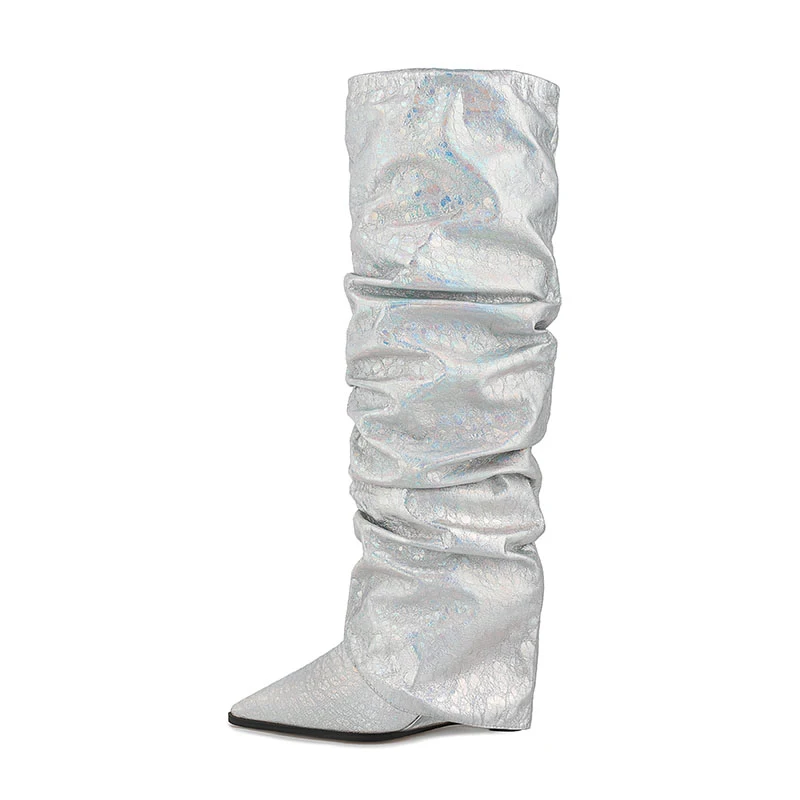 Botas femininas de cano alto com costura pontuda, mangas com flange e pregas, perna alta, ideal para um look elegante e moderno. — foto 8