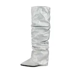 Botas femininas de cano alto com costura pontuda, mangas com flange e pregas, perna alta, ideal para um look elegante e moderno. — foto 8