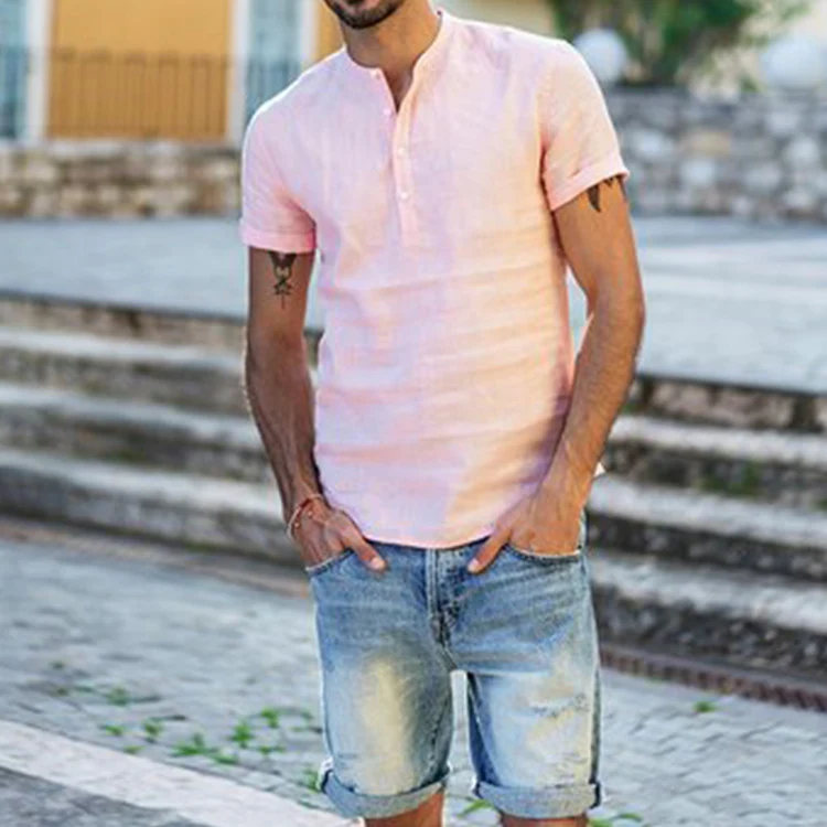 Title 11, Mens stand collar cotton linen short sleeve sh...