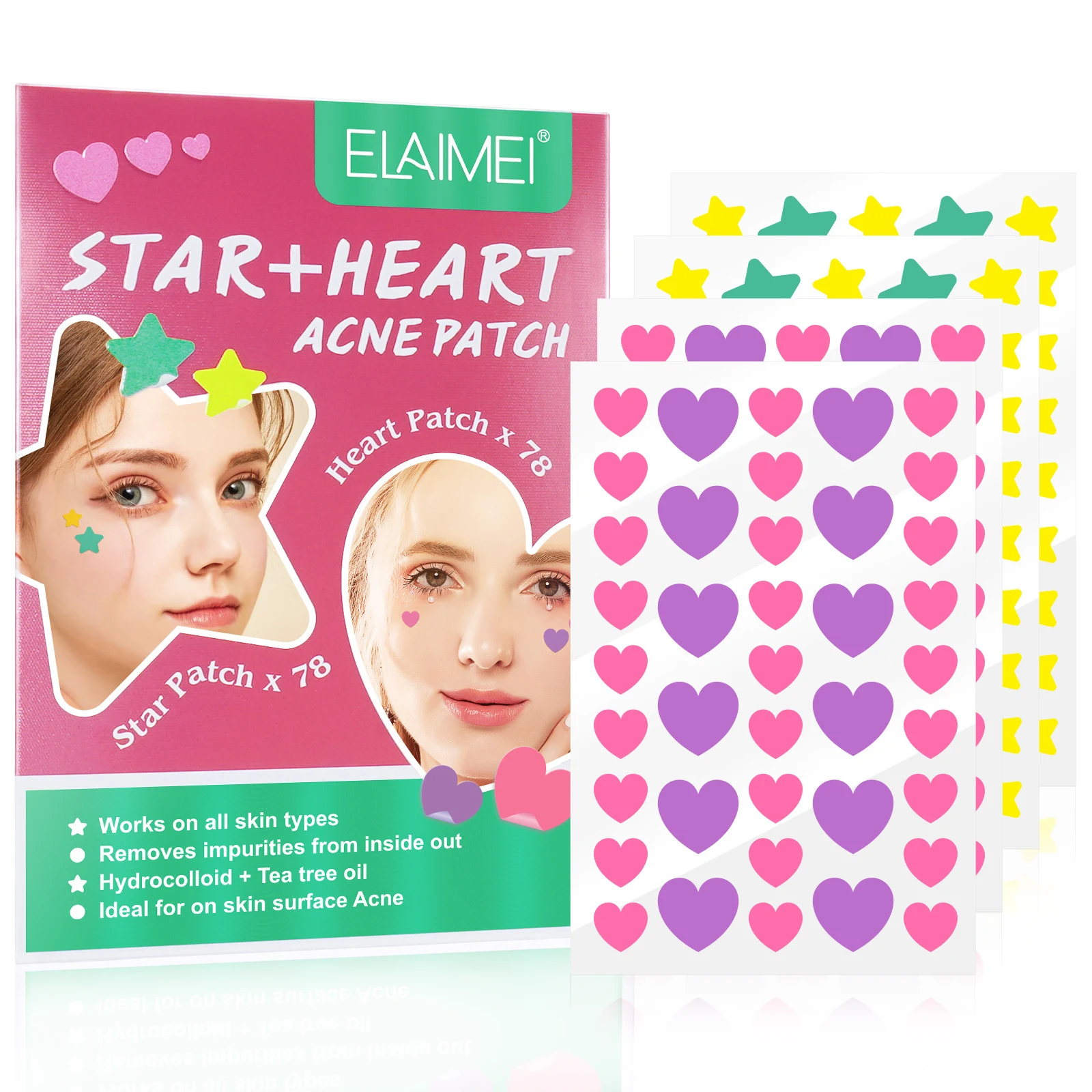 Adesivos para acne em formato de coração de pêssego com várias formas e cores, disfarçando espinhas e promovendo pele limpa e saudável. — foto 6
