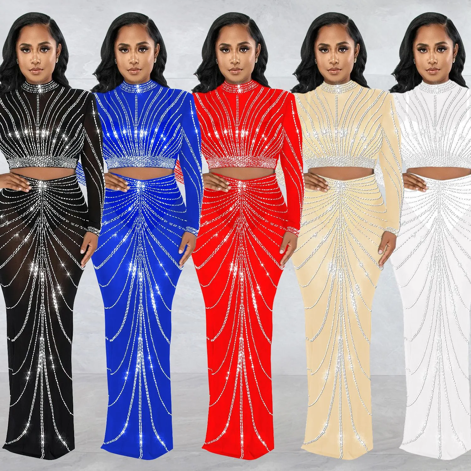 Women's Mesh Two-piece Dress Set with Hot Drilling, See-through Long Sleeve, perfect for parties, clubbing, and special — photo 10
