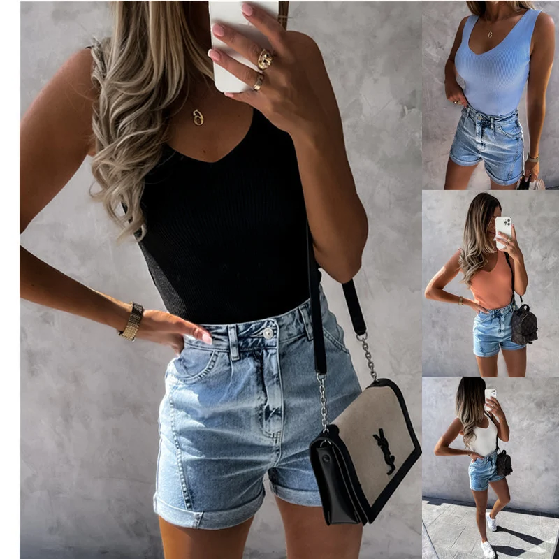 Title 2, Simple Solid Color Sleeveless V-neck Sunken Str...