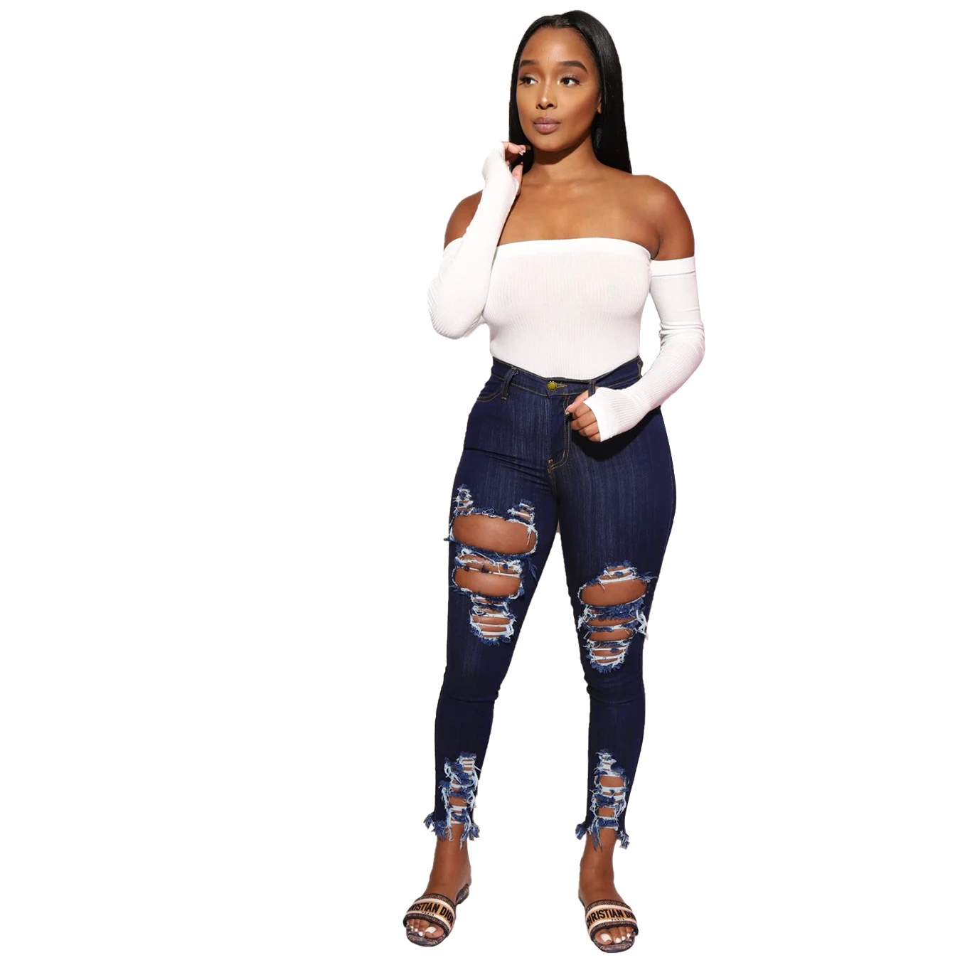 Dames jeans met scheuren en elastische tailleband en voeten, comfortabele broek voor een moderne look, ideaal voor dagelijks gebruik en vrije tijd. — foto 6