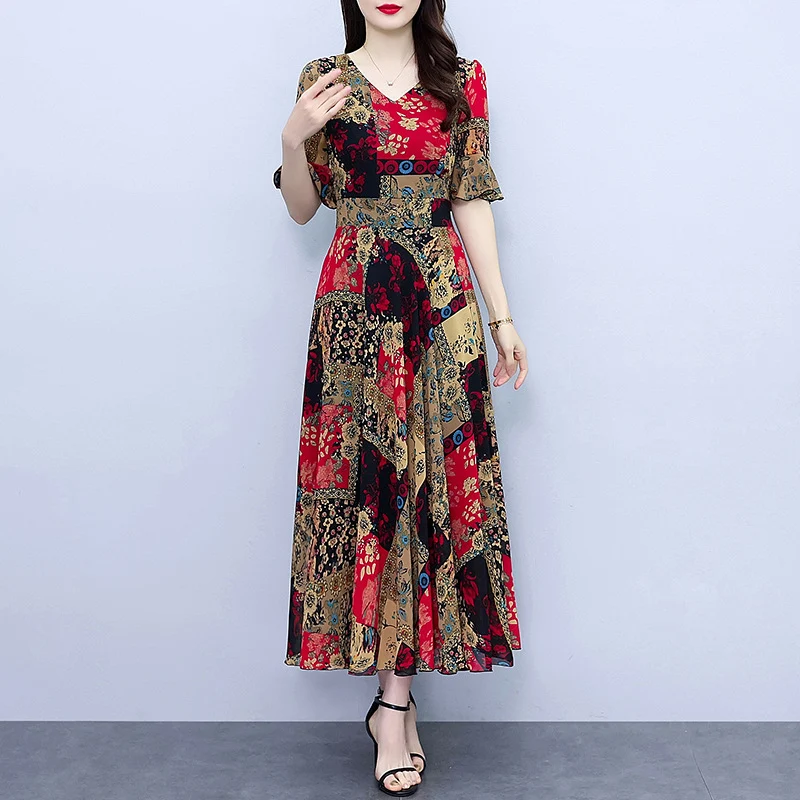 Title 3, Lente en herfst chiffon bloemenjurk voor dames....