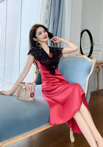 Title 11, Womens Satin Lace Stitching Ruffle Sleeve Dress