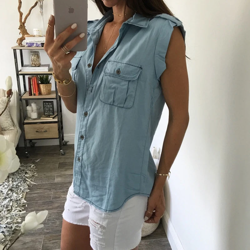 Title 1, Summer Women Vintage Buttons Pockets Blouses S...