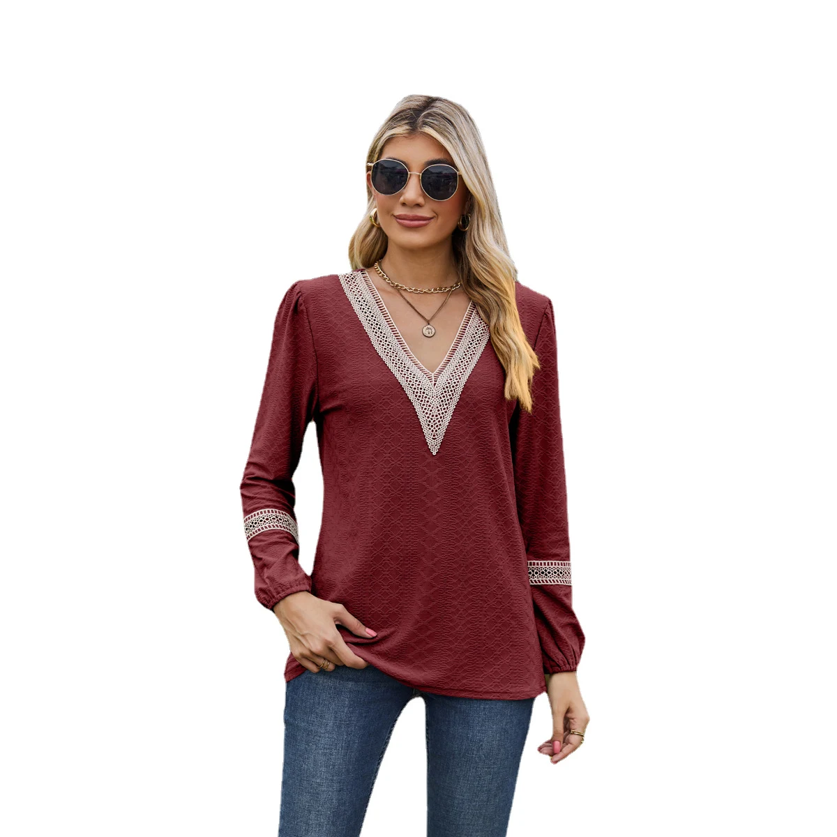 Title 3, Lace V-neck Patchwork Long Sleeve Loose-fitting...