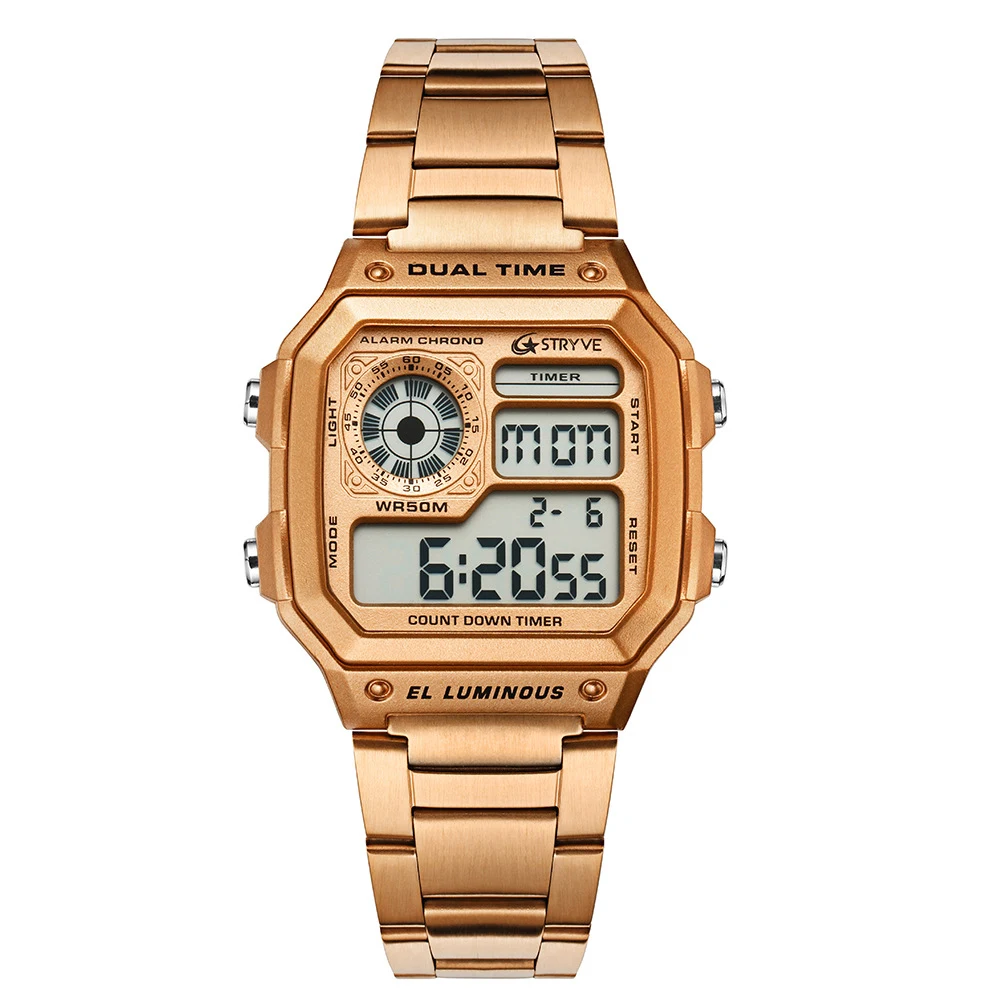 Relógio Stryve Masculino Esportivo Digital LED Quadrado à Prova D'Água Aço Inoxidável Contagem Regressiva de Luxo. — foto 5