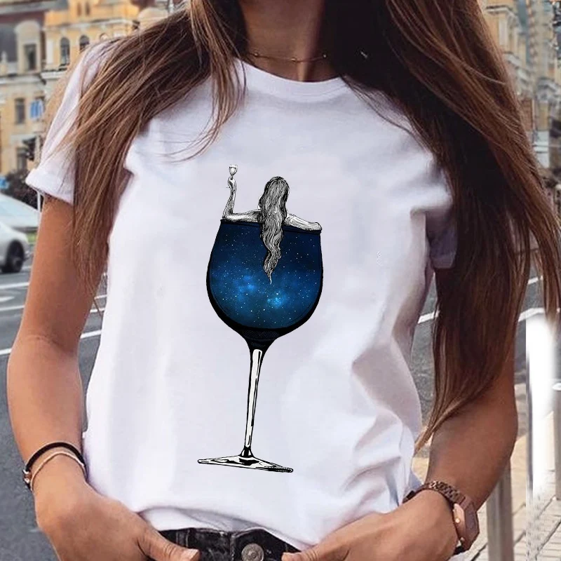 Wine Glass Butterfly Fashion Print T-shirt Short Sleeve Women's Clothing — photo 12