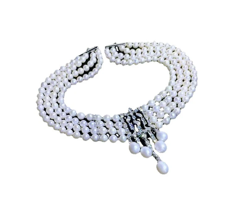 Colar de Corrente de Clavícula de Quatro Camadas Estilo Frio Fivela Premium Costura Suéter Pérola de Água Doce Elegante. — foto 7