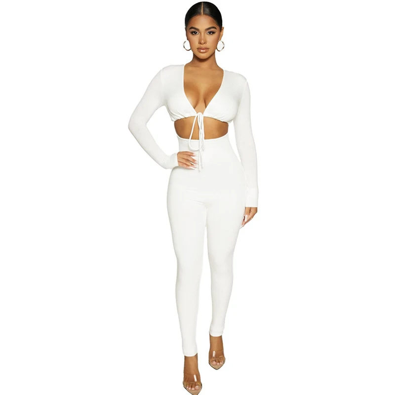 Title 4, Macacão feminino slim fit com decote em V, laço...