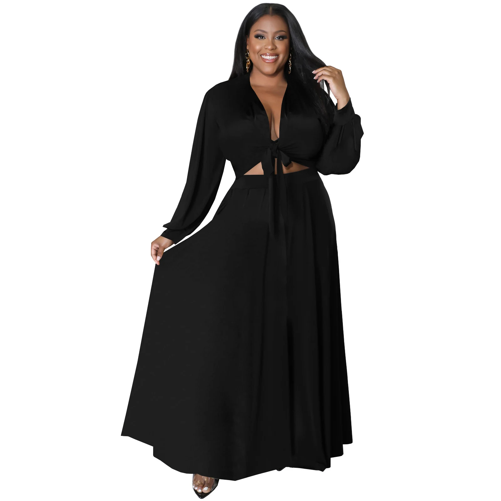 Women's Solid Color Cotton Tied Long Sleeves Swing Skirt Suit – A comfortable and stylish outfit for any occasion, offer — photo 3