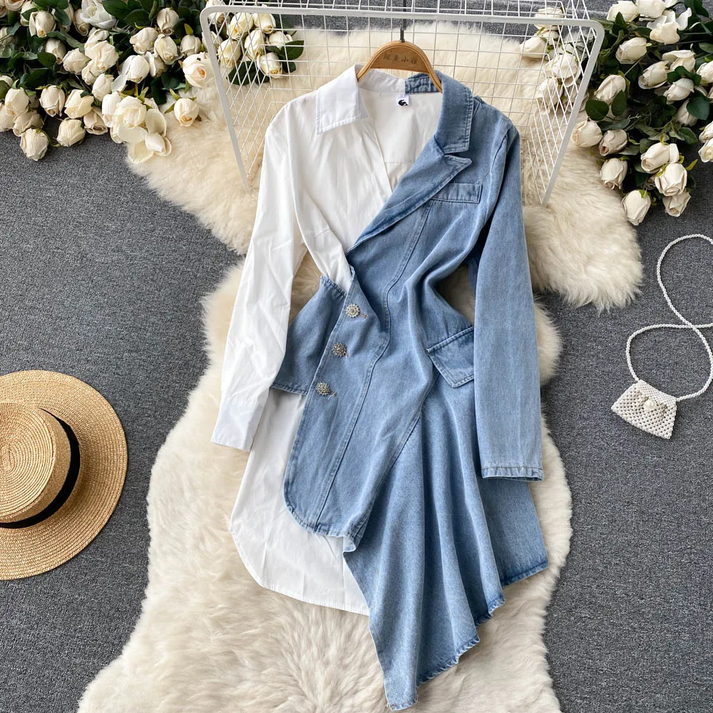 Title 6, Irregular Long Sleeve Shirt Stitching Denim Dress