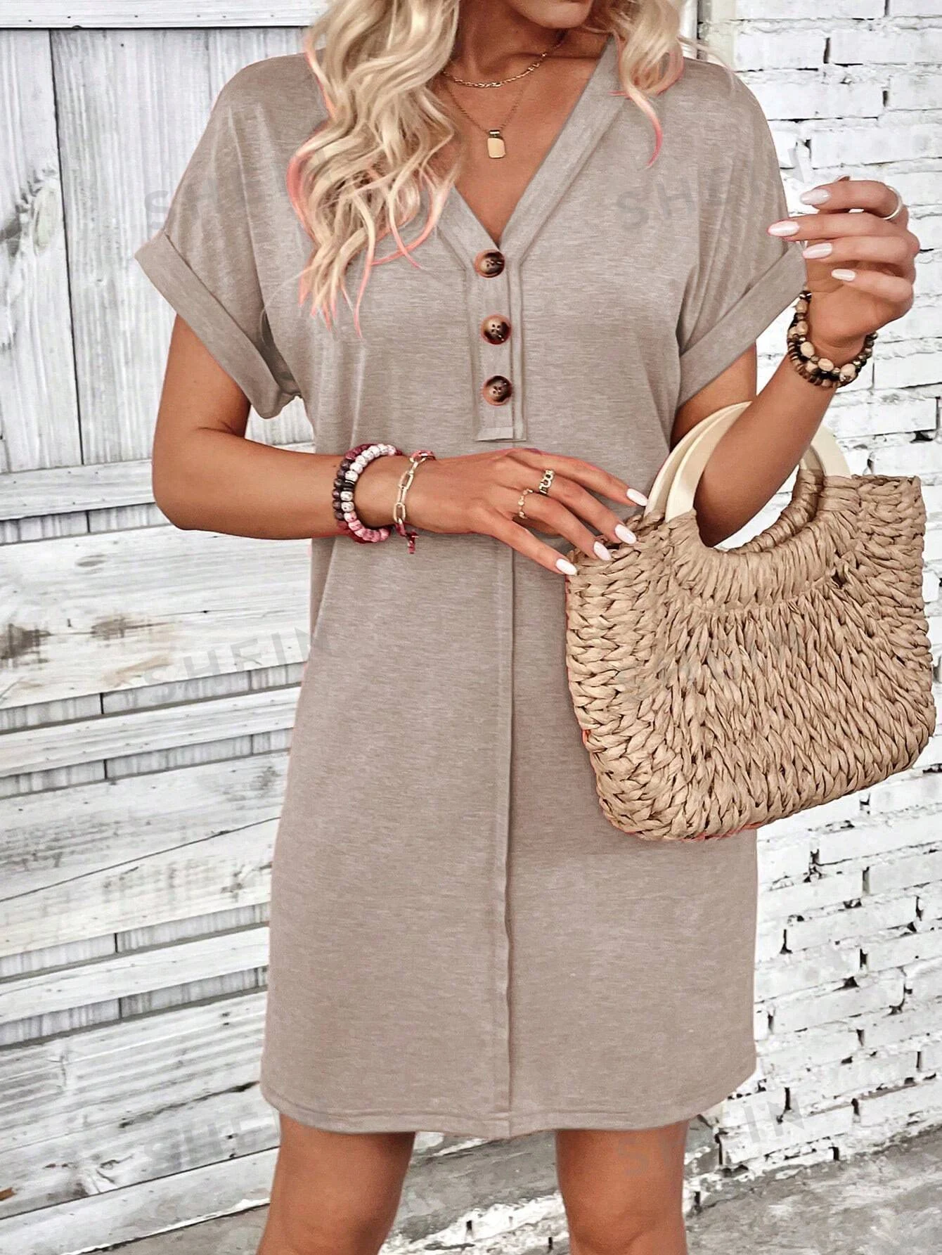 Women's Fashion Buckle V-neck With Shoulder Roll Sleeve Dress — photo 10
