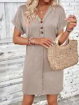 Women's Fashion Buckle V-neck With Shoulder Roll Sleeve Dress — photo 10