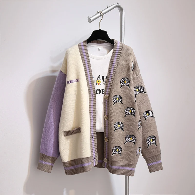Women's Contrasting Color Mid Length Pocket Sweater Cardigan Jacket Foreign Style. A stylish and comfortable jacket for — photo 3