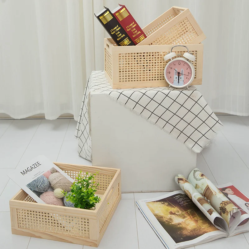 Title 2, Rattan woven storage basket with wooden frame, ...
