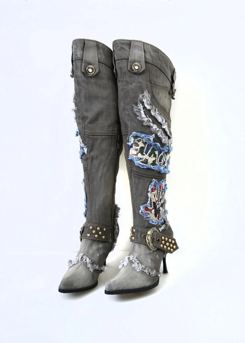 Title 15, Womens String Beads High-Heeled Denim Stiletto...