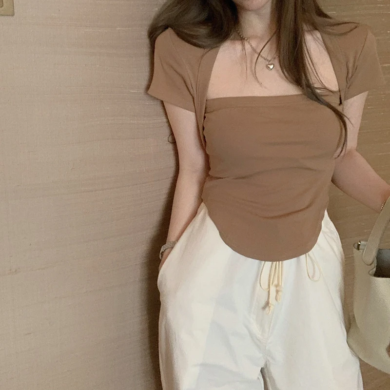 Title 5, Retro Hot Girl Square Collar Slim Irregular Cov...