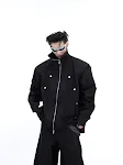 Camisa masculina com gola alta e design de dupla camada, casaco folgado com detalhes metálicos, estilo moderno e confortável. — foto 3